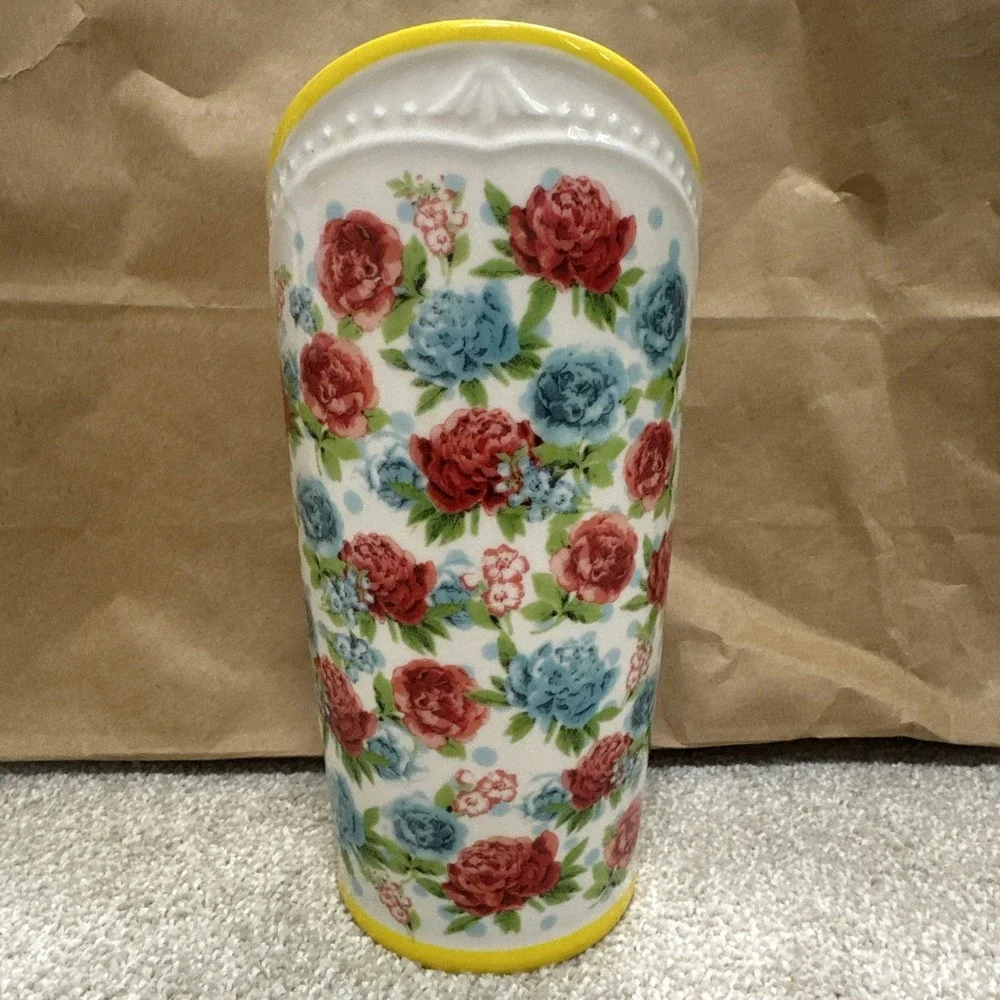 The Pioneer Woman Floral Utensil Holder Vase Stoneware Yellow, Red/Blue 8 Inch.